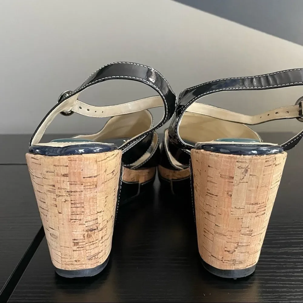 Fitzwell Navy Patent Leather and Cork Platform Wedge Strap Sandals, 9 1/2